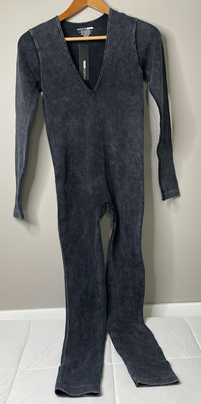 Fashion Nova Trista Washed Seamless Jumpsuit Black Ribbed